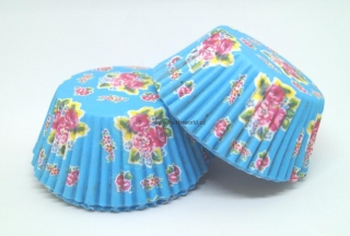 Papírové košíčky na muffiny - modré s růžičkami 48 ks