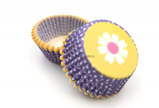 Papírové košíčky na muffiny - fialové s kytičkou 48 ks